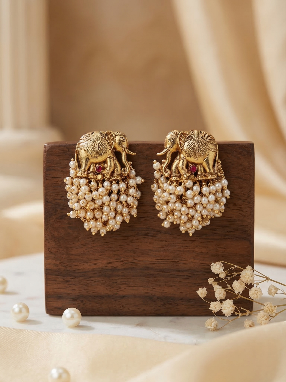 Antique Elephant Earrings with White Bead Cluster and Ruby Stone
