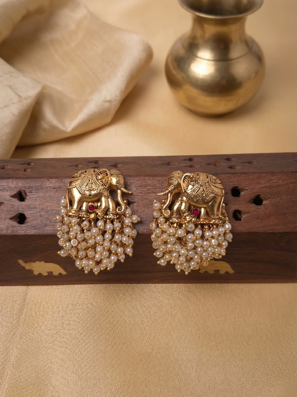 Antique Elephant Earrings with White Bead Cluster and Ruby Stone
