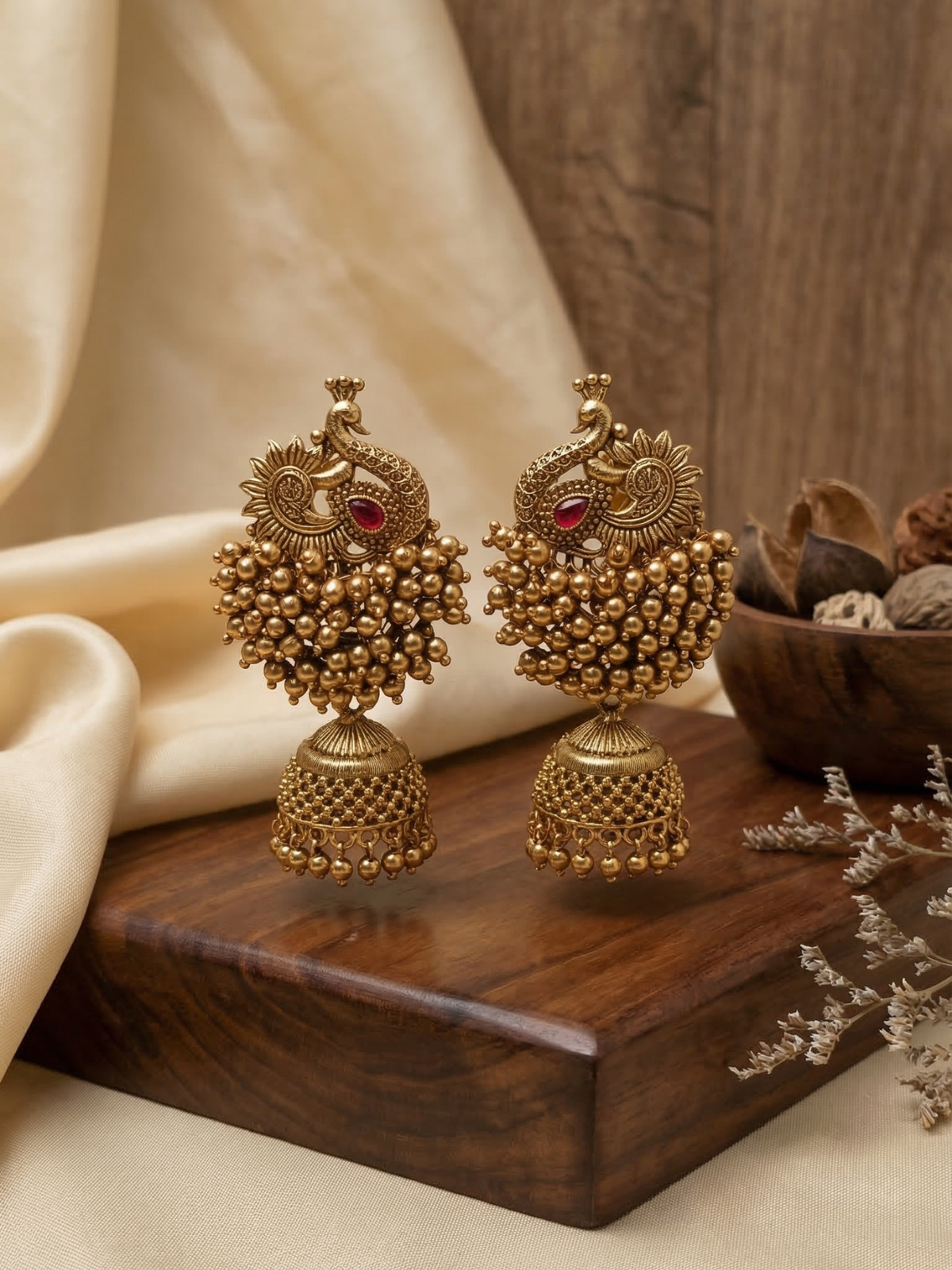 Antique Gold Peacock Jhumka Earrings with Ruby Stone