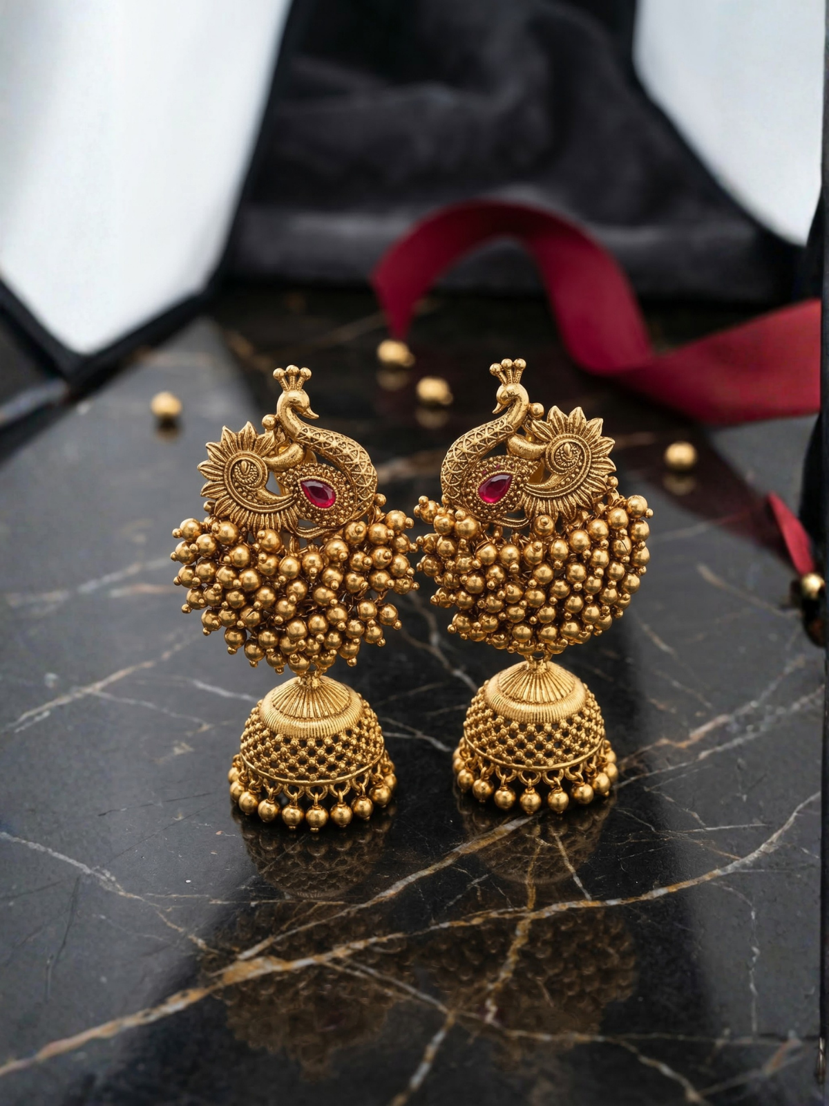 Antique Gold Peacock Jhumka Earrings with Ruby Stone
