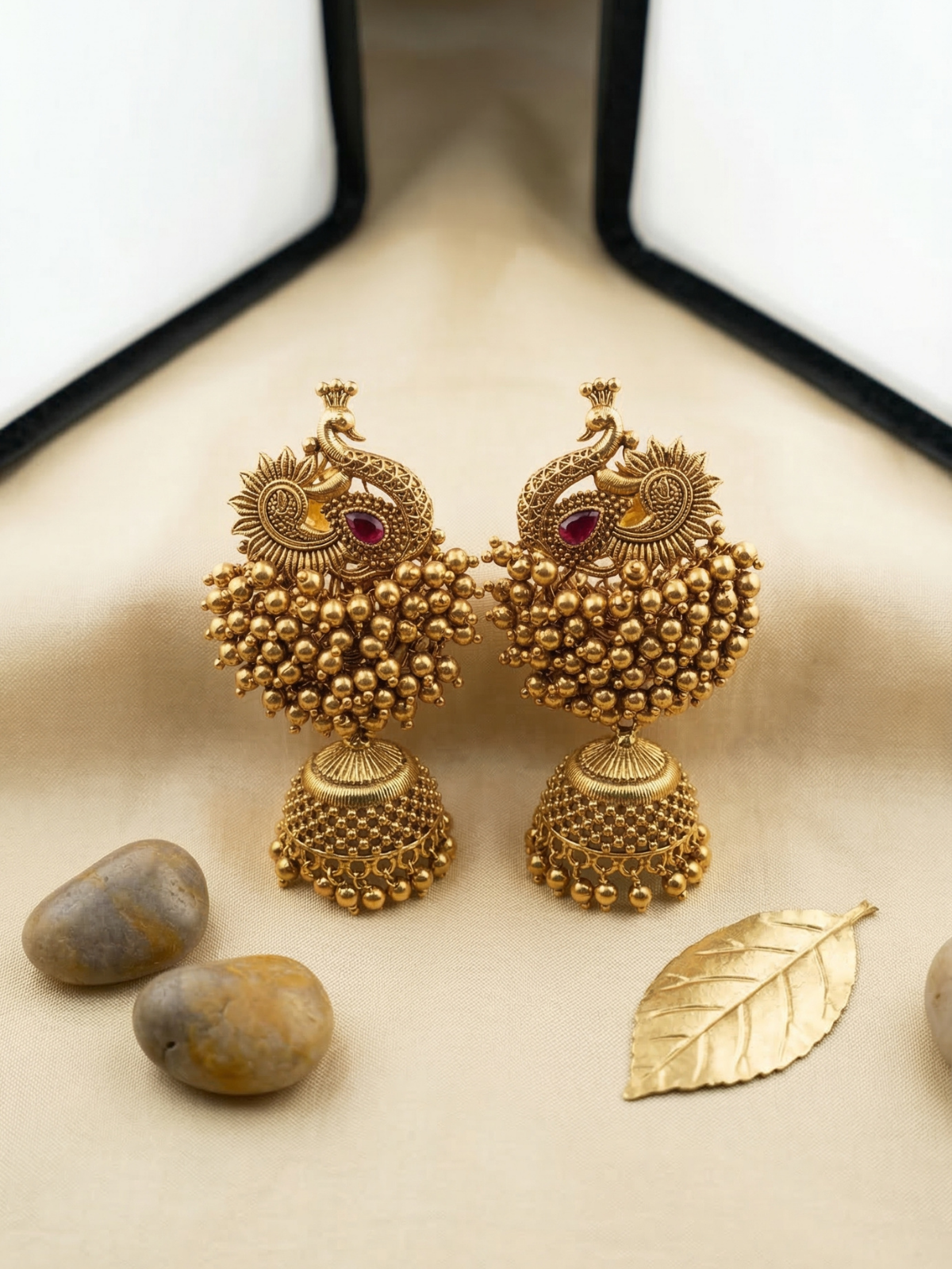 Antique Gold Peacock Jhumka Earrings with Ruby Stone