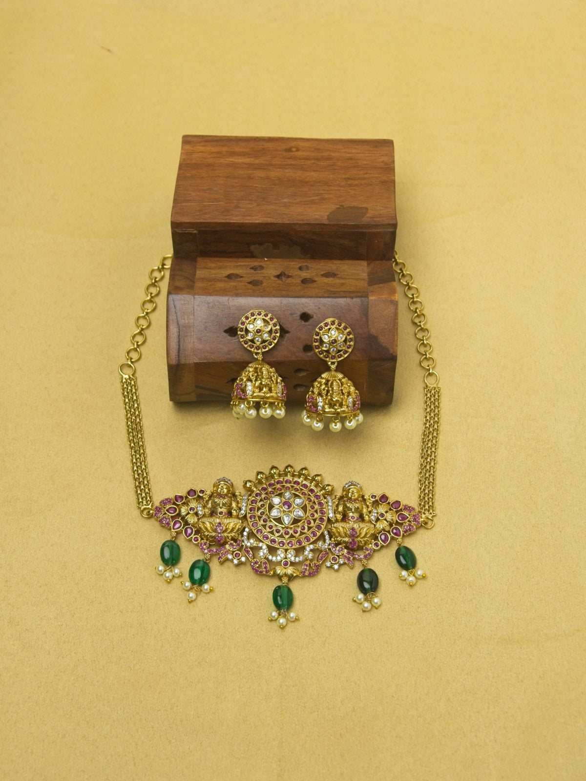 Lakshmi Chakra Choker Set with Green Beads & Jhumkas – Sacred Elegance Redefined