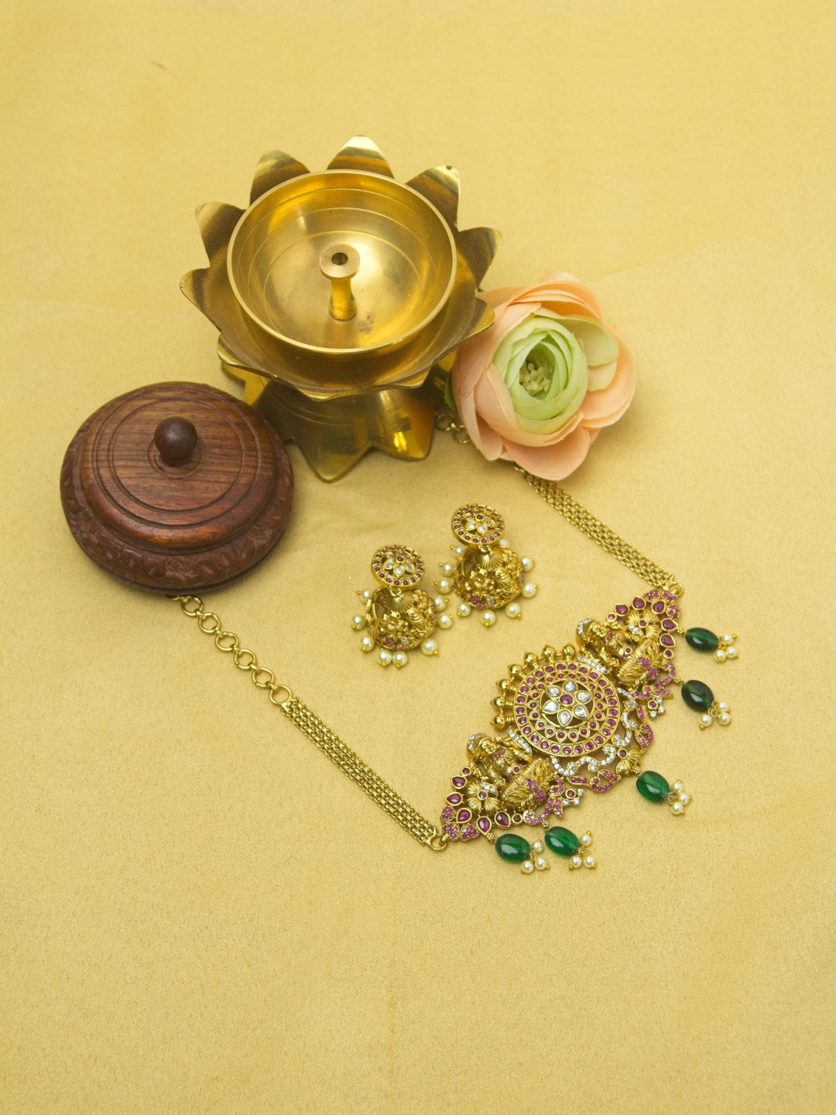 Lakshmi Chakra Choker Set with Green Beads & Jhumkas – Sacred Elegance Redefined