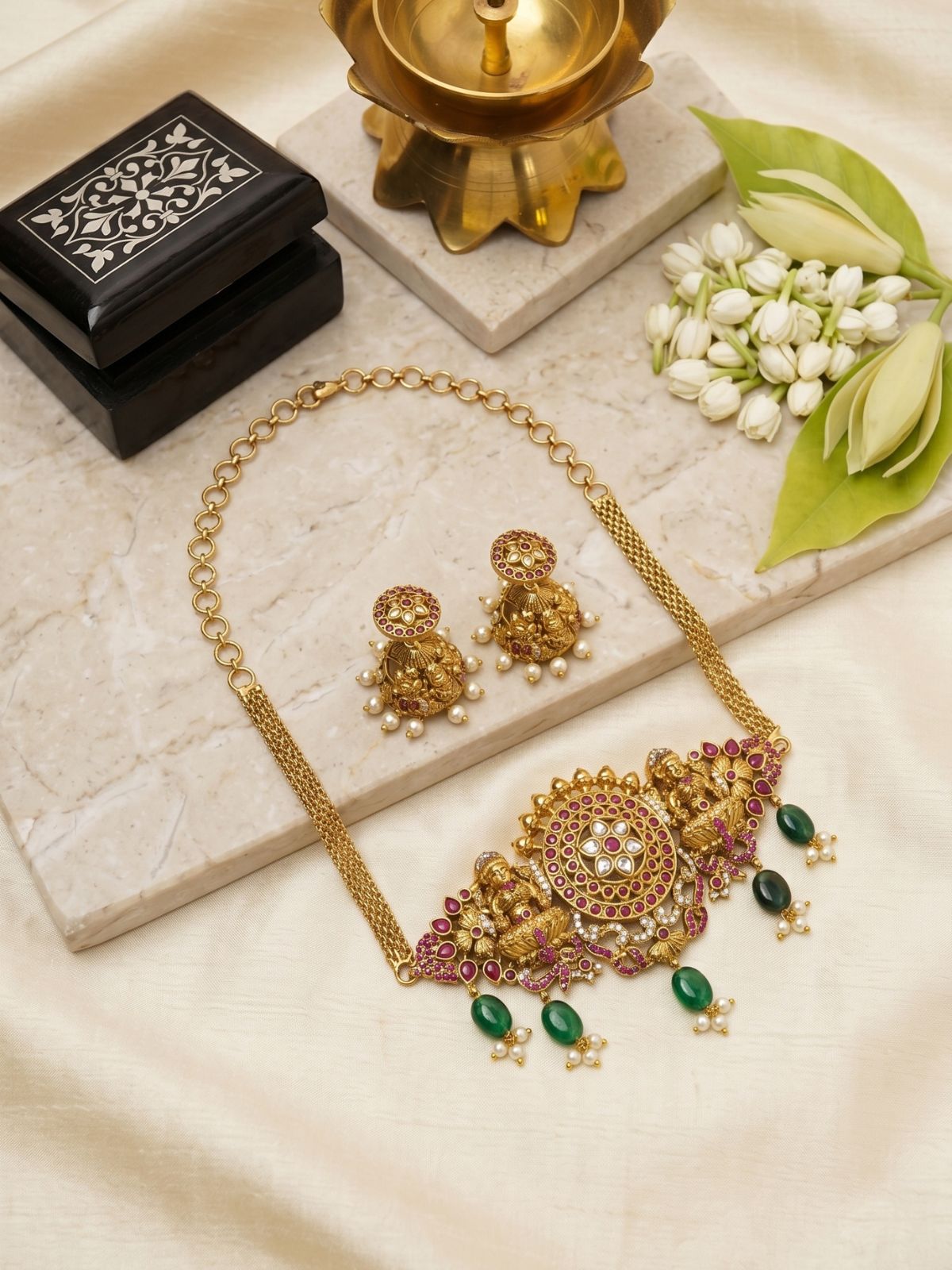 Lakshmi Chakra Choker Set with Green Beads & Jhumkas – Sacred Elegance Redefined