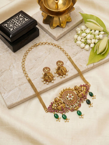 Lakshmi Chakra Choker Set with Green Beads & Jhumkas – Sacred Elegance Redefined