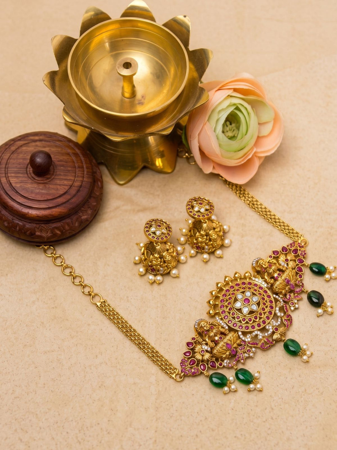 Lakshmi Chakra Choker Set with Green Beads & Jhumkas – Sacred Elegance Redefined