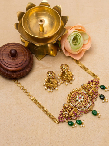Lakshmi Chakra Choker Set with Green Beads & Jhumkas – Sacred Elegance Redefined