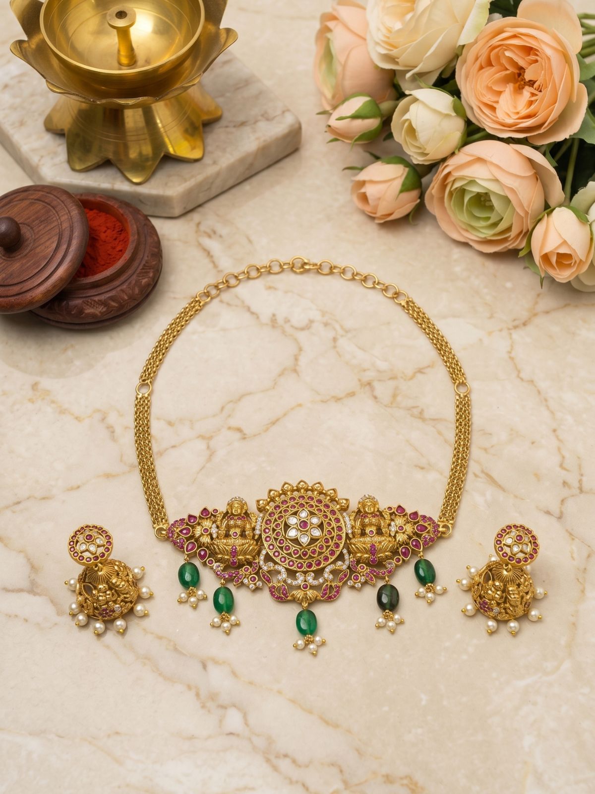 Lakshmi Chakra Choker Set with Green Beads & Jhumkas – Sacred Elegance Redefined