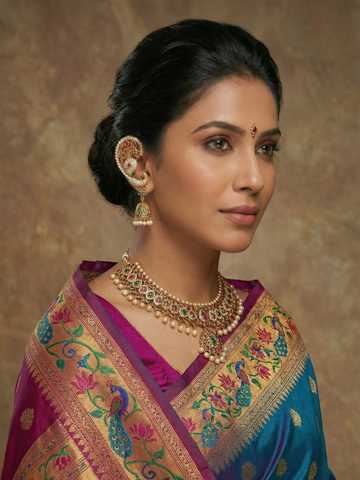 Antique Gold Peacock Ear Cuff Jhumka Earrings with Kemp Stones & Pearl Drops