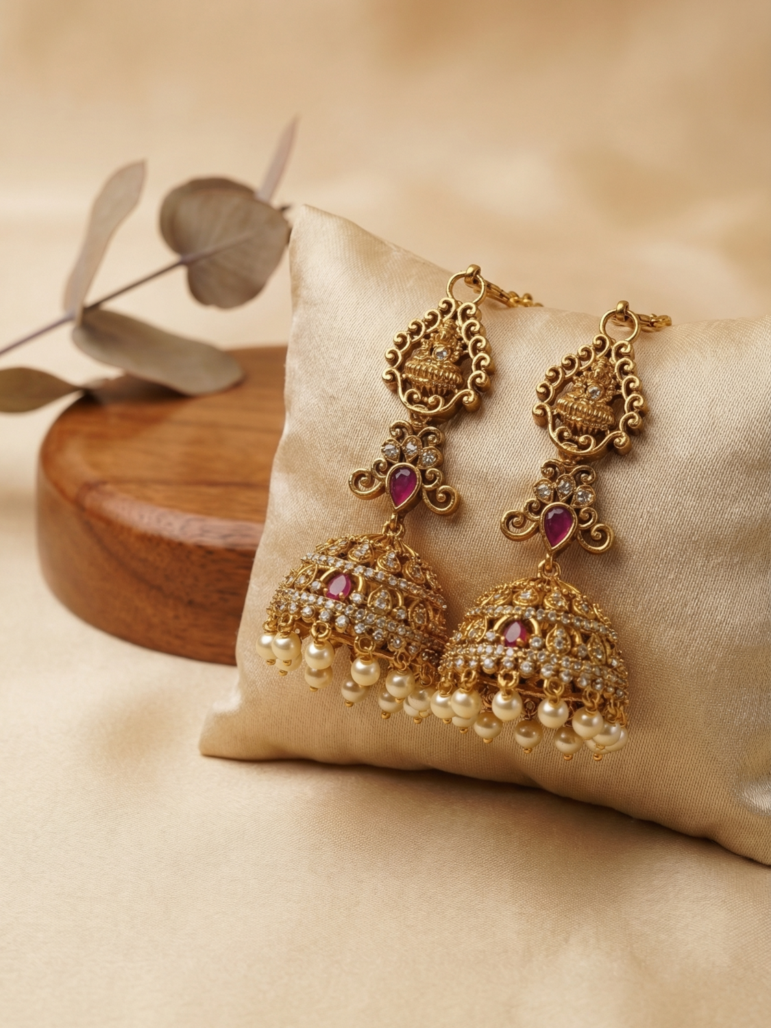 Antique Lakshmi Pink Stone Pearl Jhumka Earrings with Chain