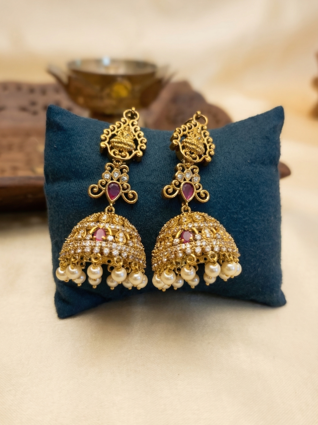 Antique Lakshmi Pink Stone Pearl Jhumka Earrings with Chain