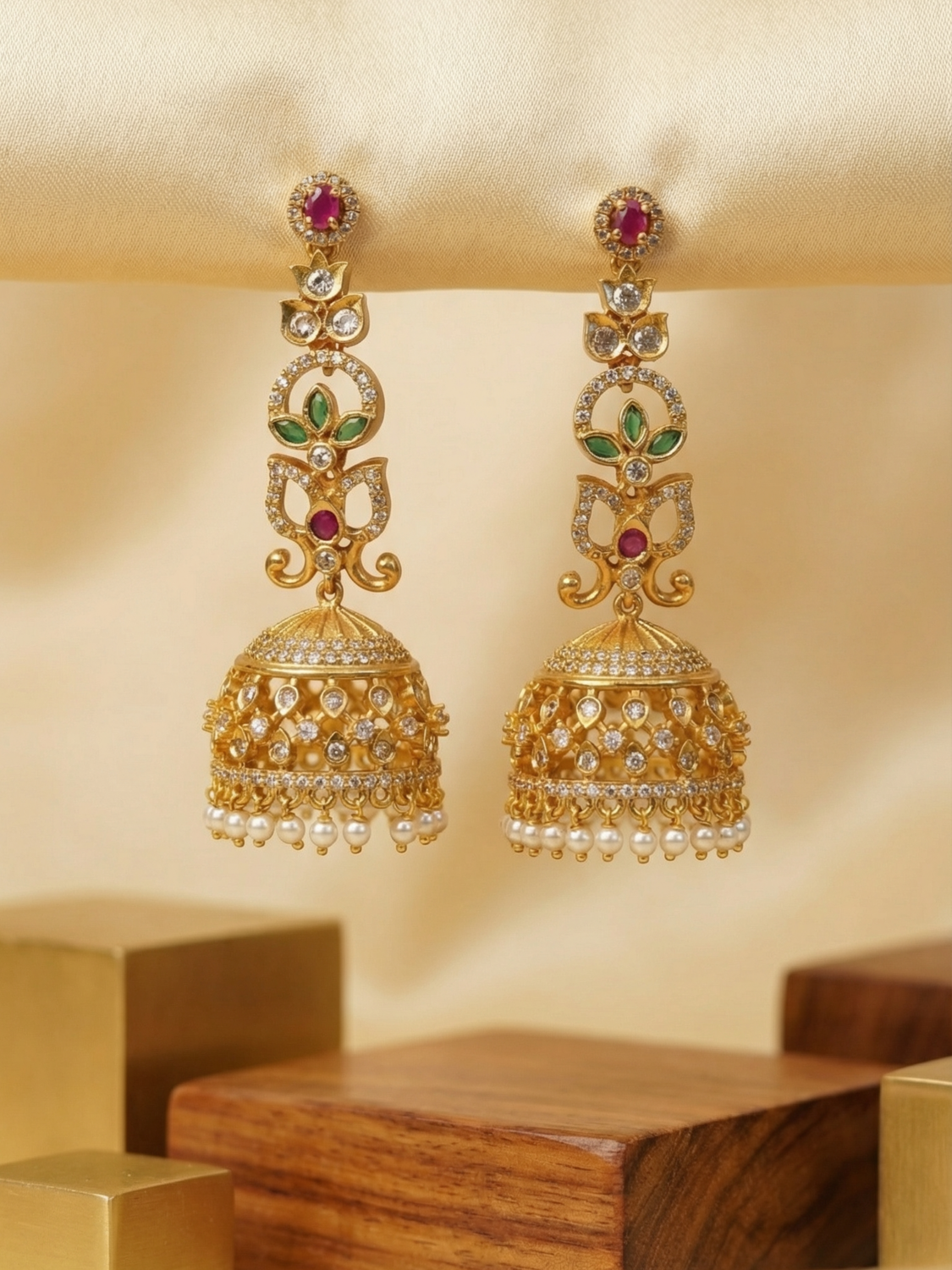 Antique Floral Ruby Emerald Pearl Jhumkas with Chain