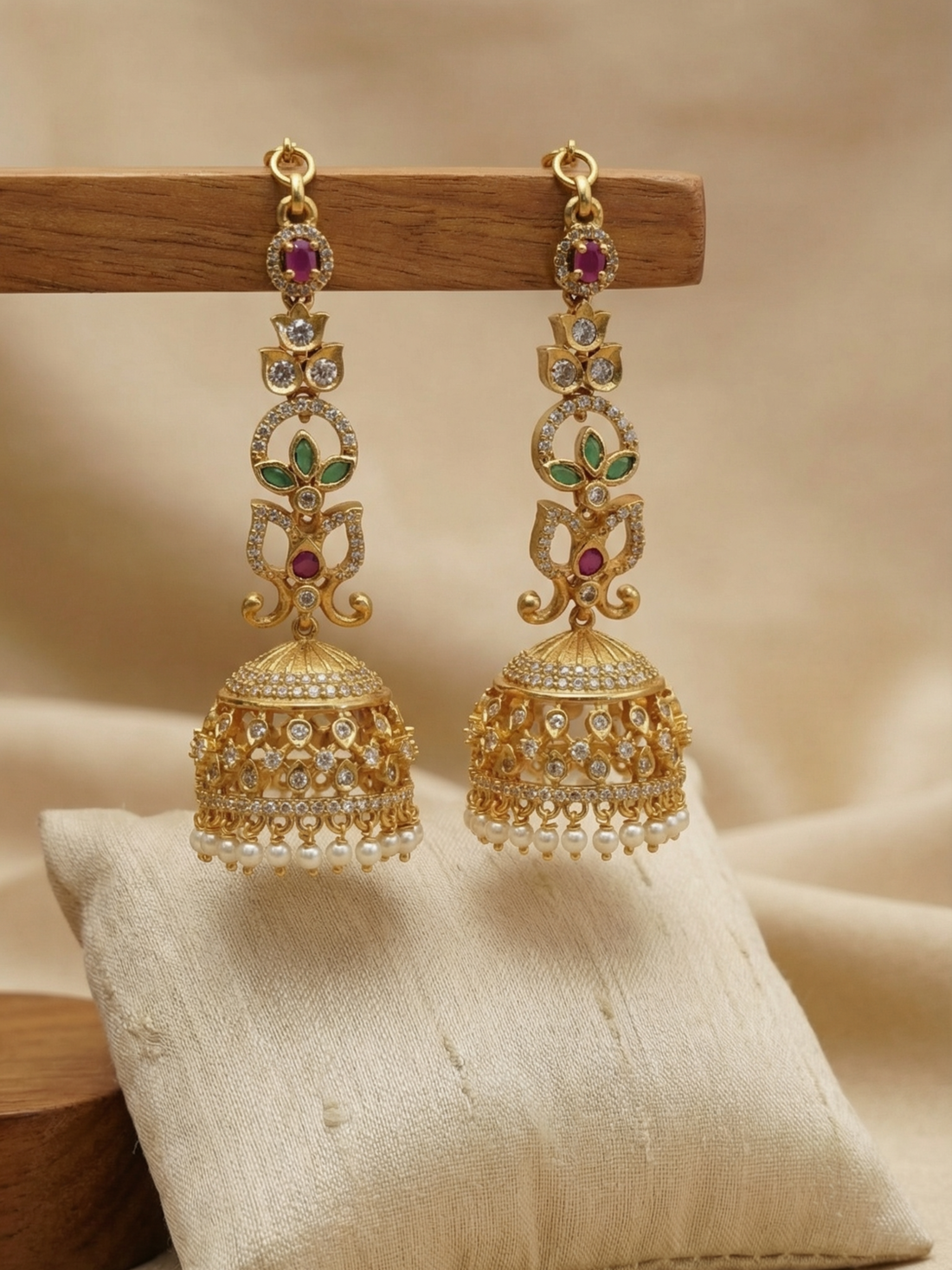 Antique Floral Ruby Emerald Pearl Jhumkas with Chain