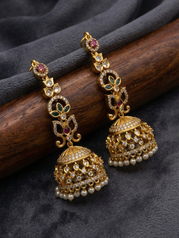 Antique Floral Ruby Emerald Pearl Jhumkas with Chain