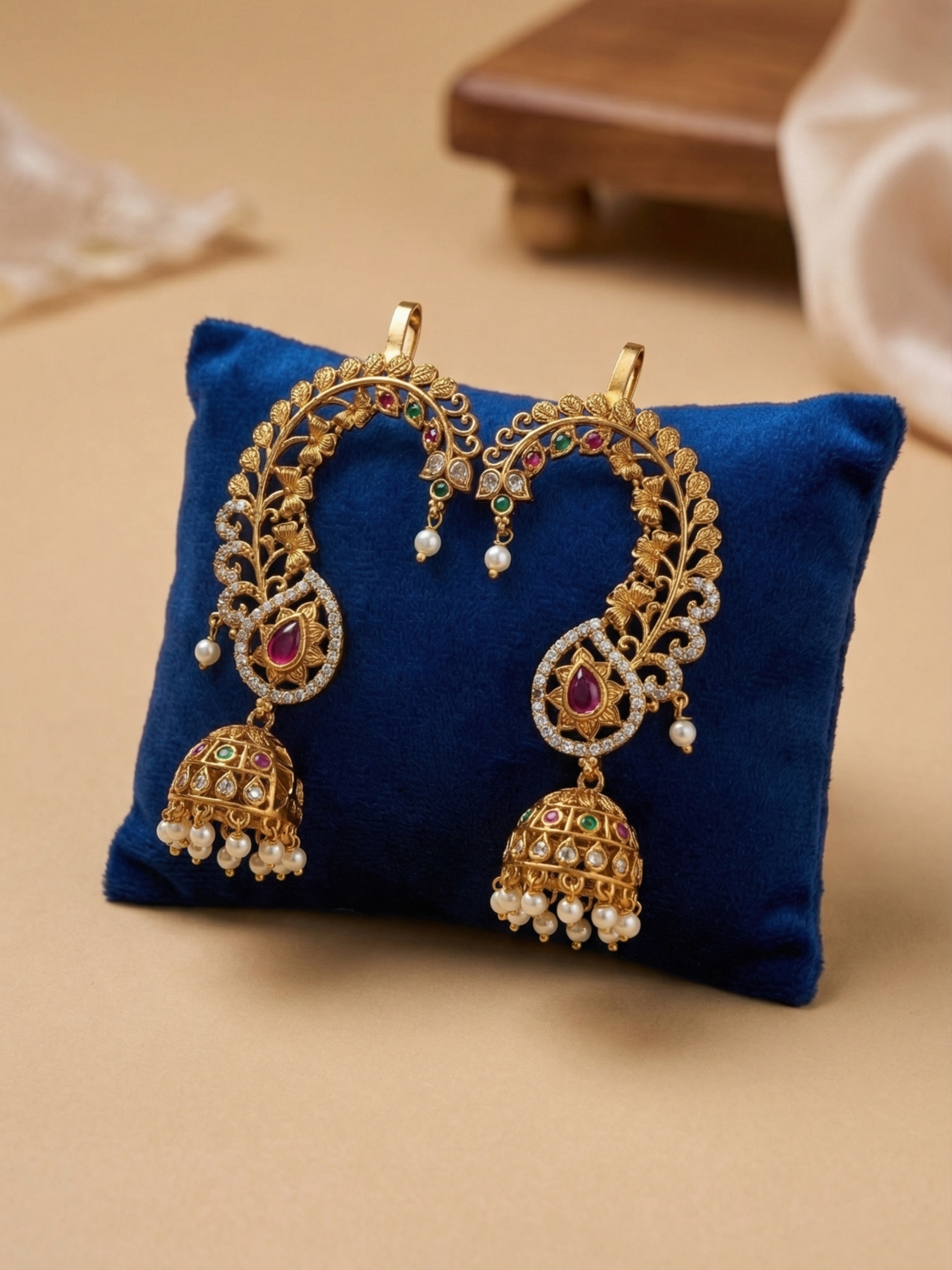 Floral Vine Temple Ear Cuff Jhumka Earrings