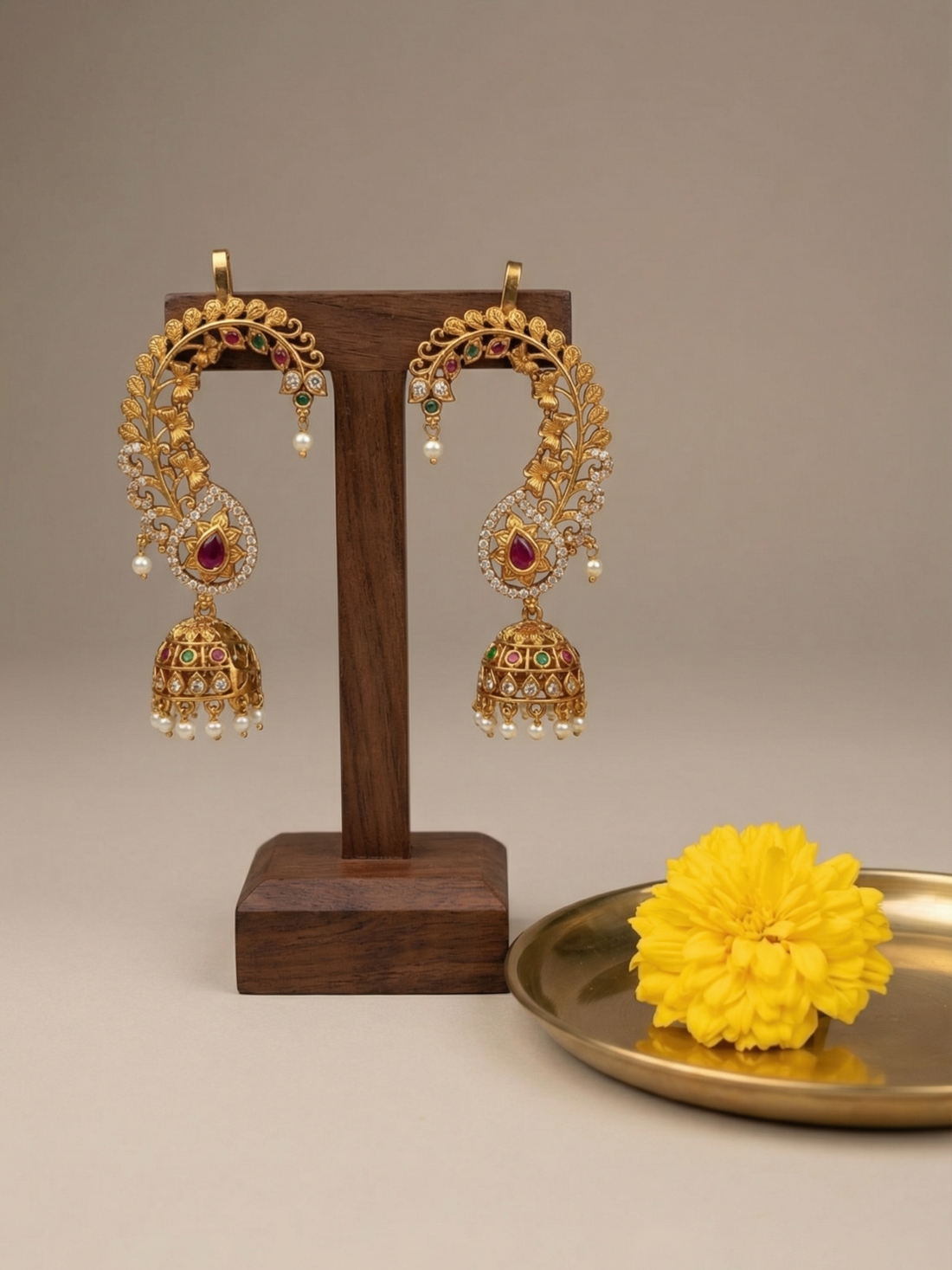 Floral Vine Temple Ear Cuff Jhumka Earrings