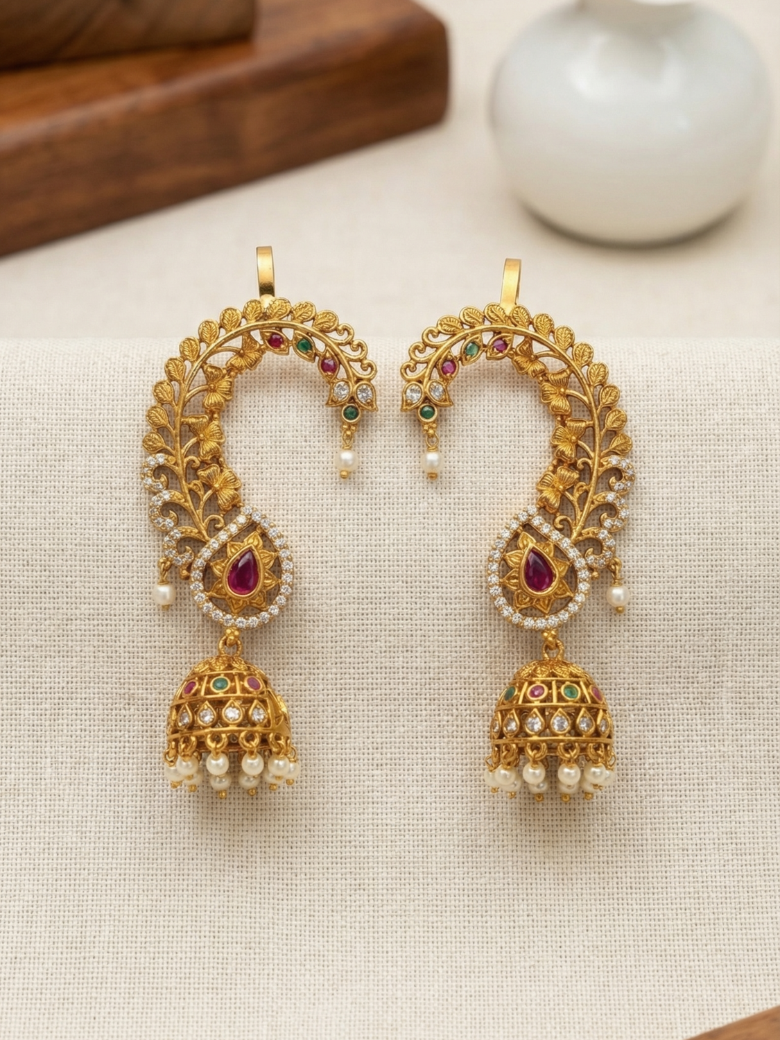 Floral Vine Temple Ear Cuff Jhumka Earrings
