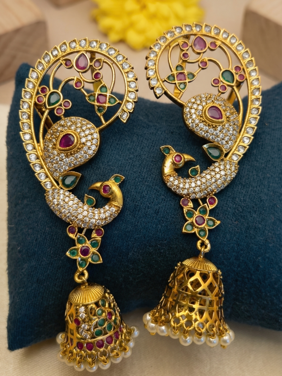 Antique Gold Peacock Ear Cuff Jhumka Earrings with Kemp Stones & Pearl Drops