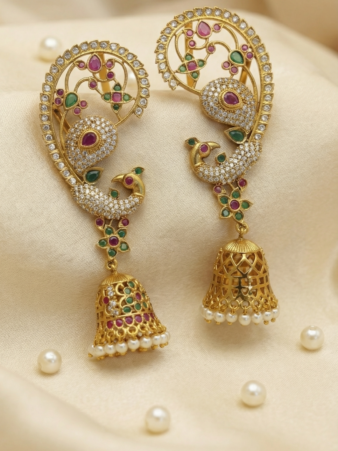 Antique Gold Peacock Ear Cuff Jhumka Earrings with Kemp Stones & Pearl Drops