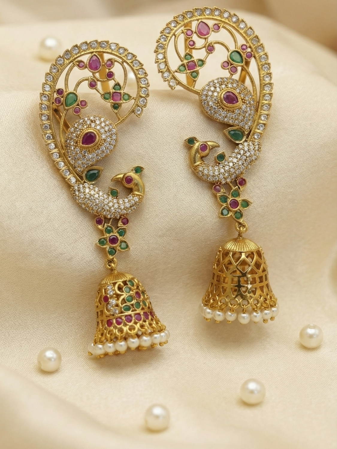 Antique Gold Peacock Ear Cuff Jhumka Earrings with Kemp Stones & Pearl Drops