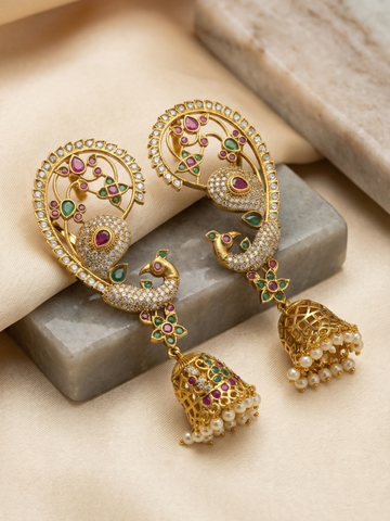 Antique Gold Peacock Ear Cuff Jhumka Earrings with Kemp Stones & Pearl Drops
