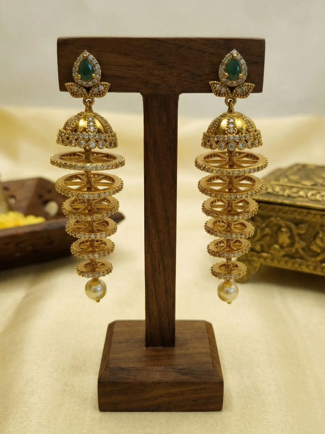 Emerald Green CZ Layered Jhumka Earrings with Pearl Drop