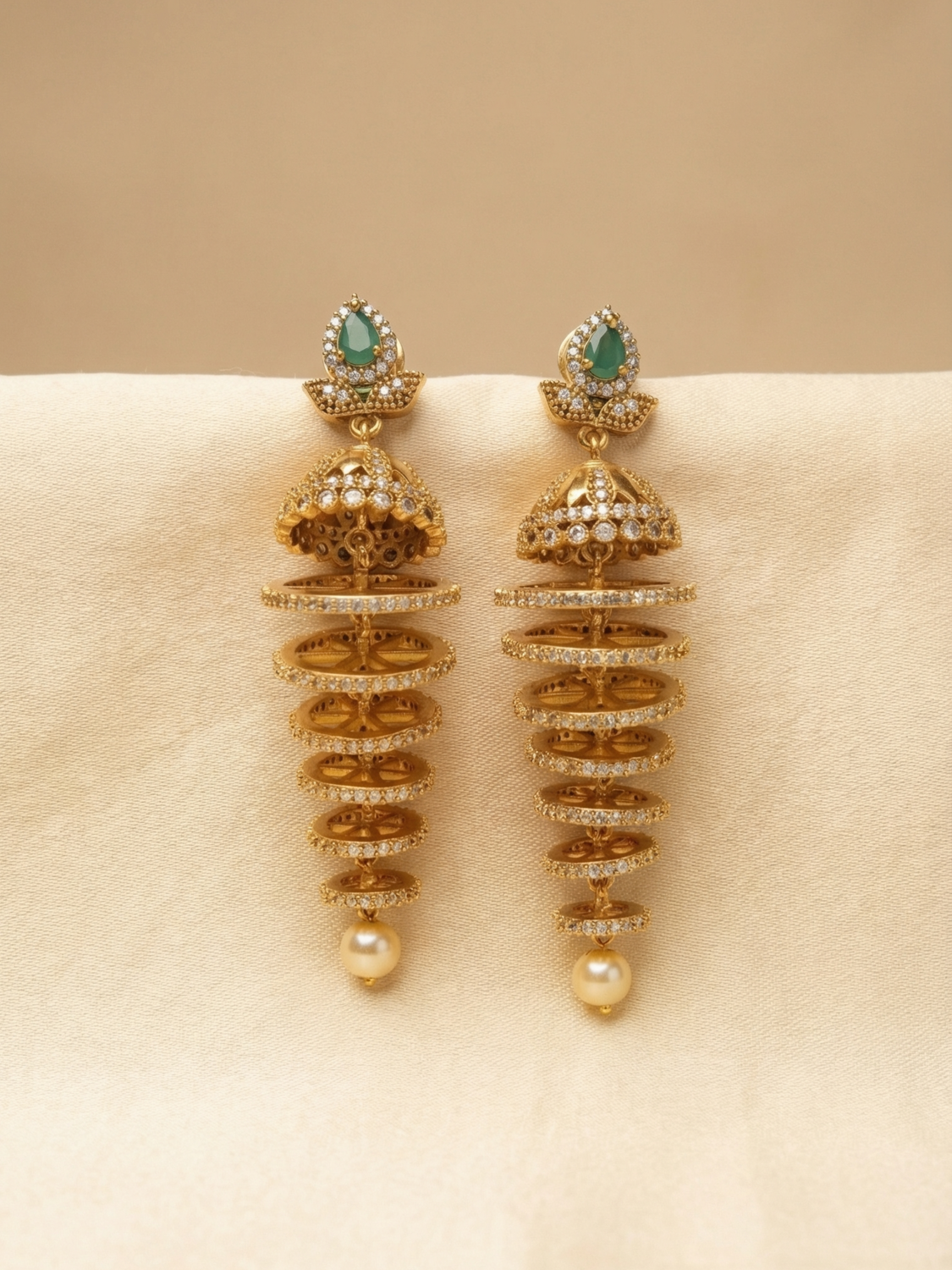 Emerald Green CZ Layered Jhumka Earrings with Pearl Drop