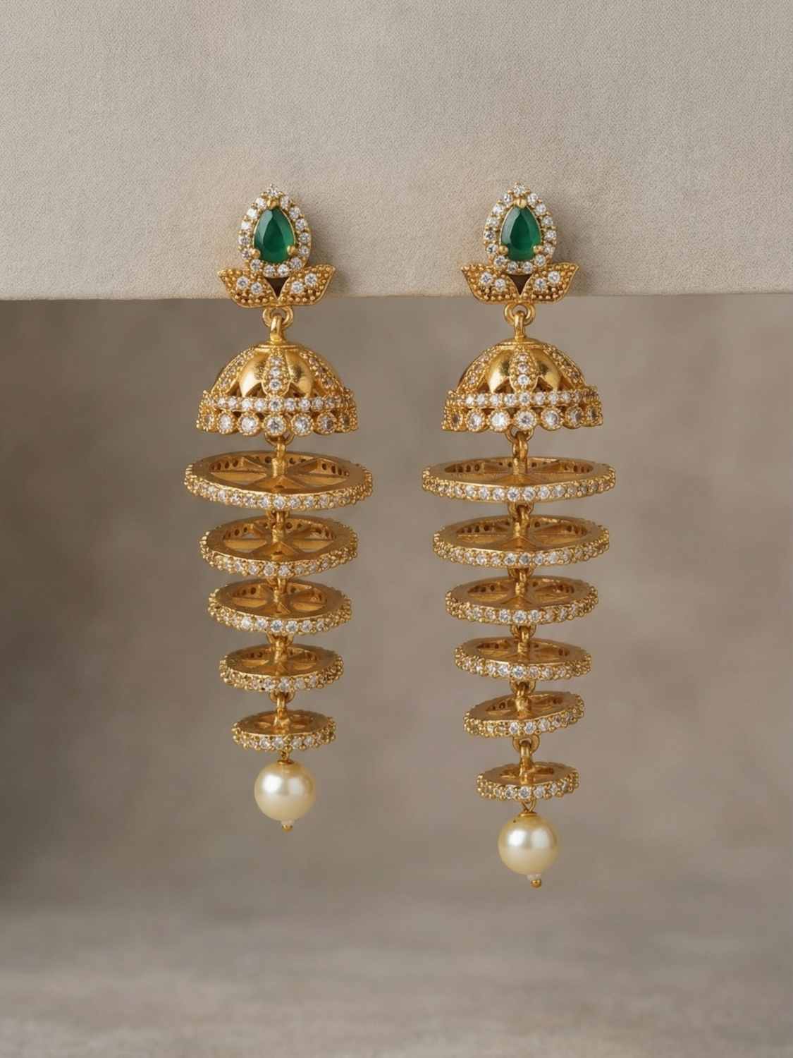 Emerald Green CZ Layered Jhumka Earrings with Pearl Drop