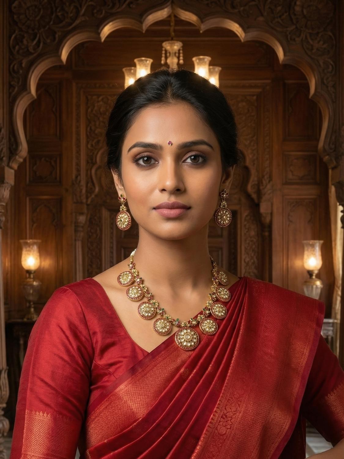 Antique Gold Kemp Stone Floral Bottu Necklace Set with Earrings