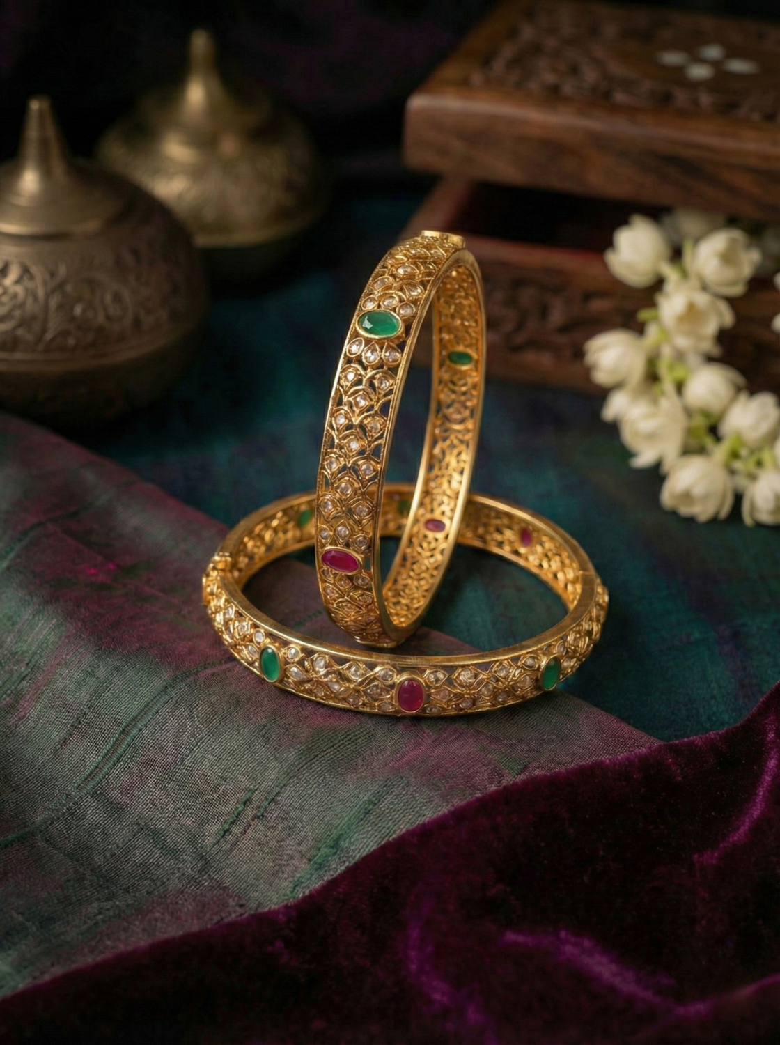 Antique Ruby–Emerald CZ Bangles (Set of 2)