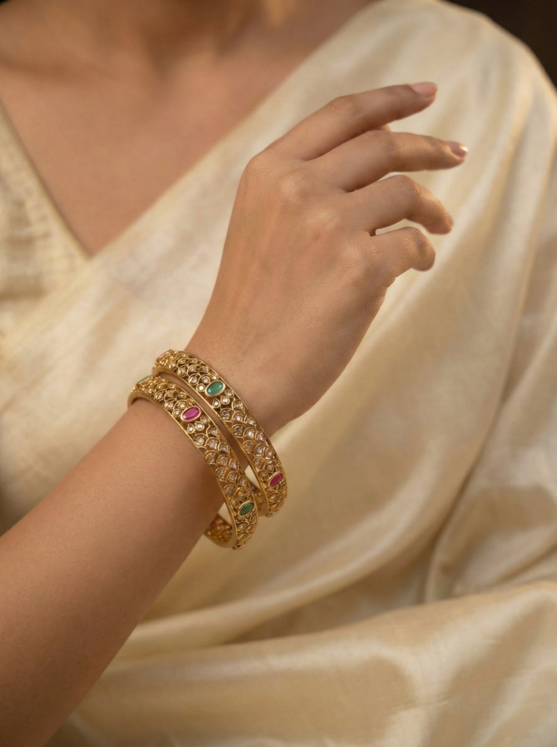 Antique Ruby–Emerald CZ Bangles (Set of 2)