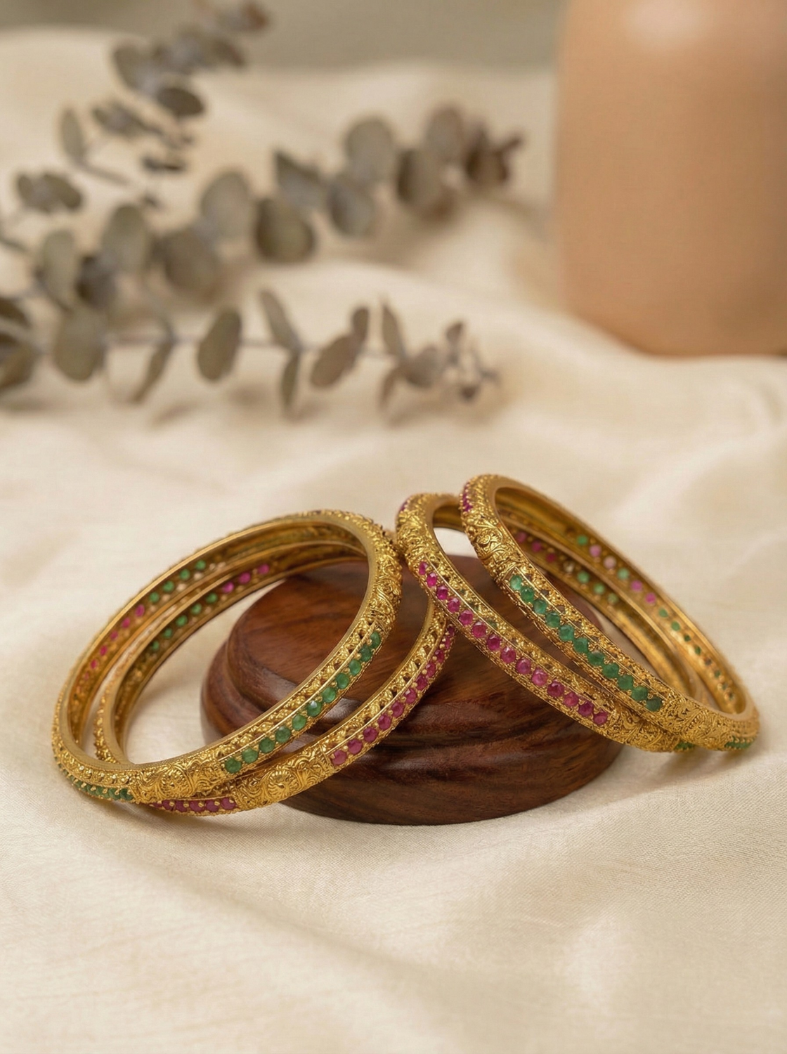 Antique Green and pink stone Bangles (set of 4)