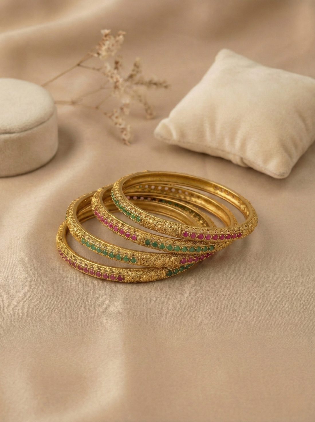 Antique Green and pink stone Bangles (set of 4)