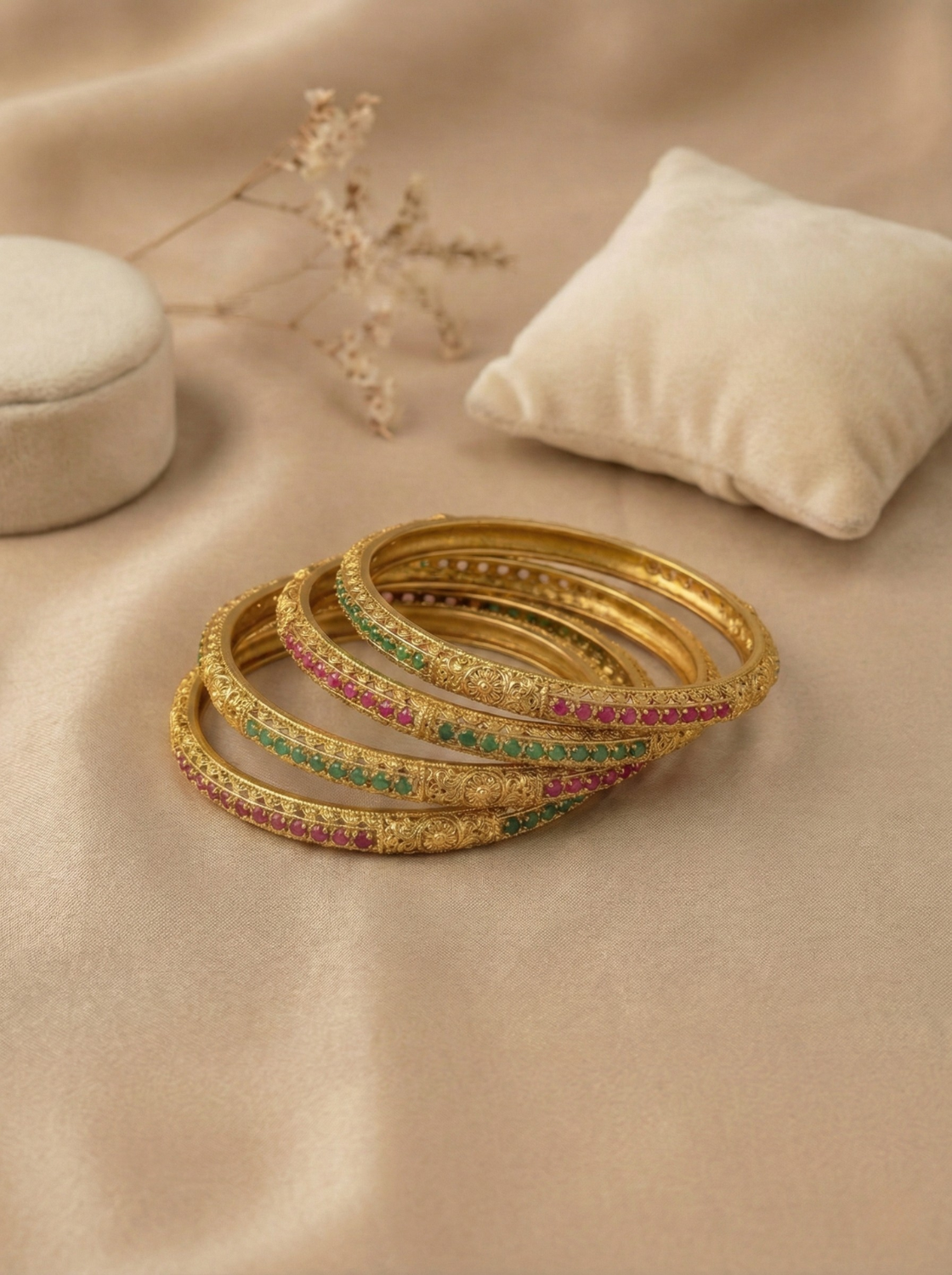 Antique Green and pink stone Bangles (set of 4)