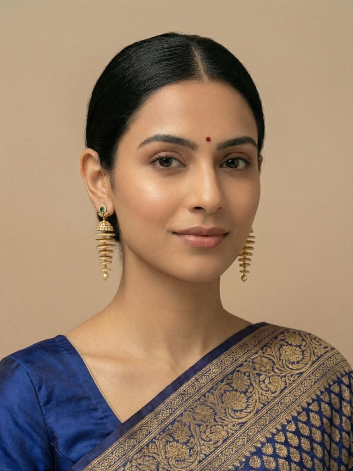 Emerald Green CZ Layered Jhumka Earrings with Pearl Drop