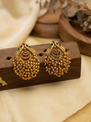 Gold Peacock  Earrings with Gold Bead Cluster Drop