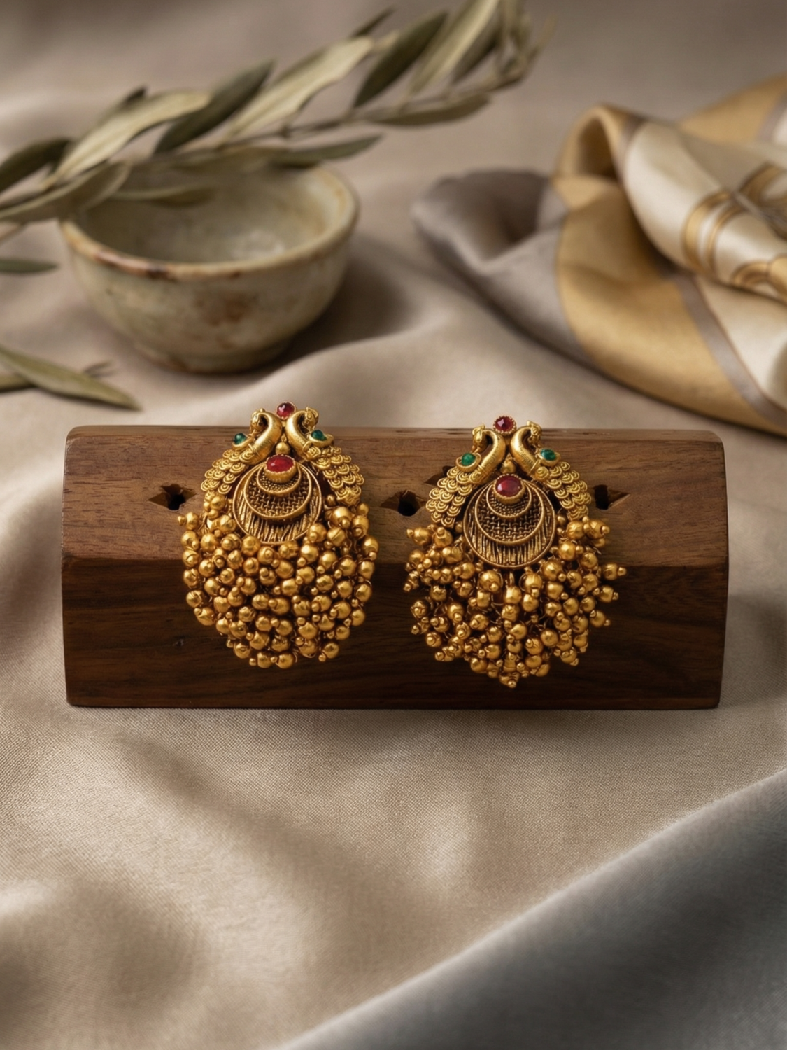 Gold Peacock  Earrings with Gold Bead Cluster Drop