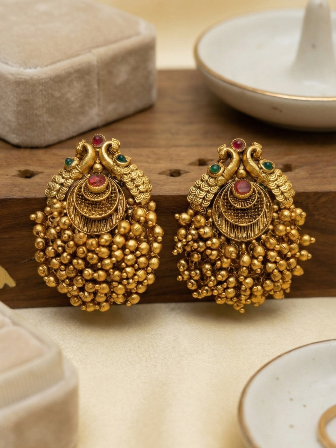 Gold Peacock  Earrings with Gold Bead Cluster Drop