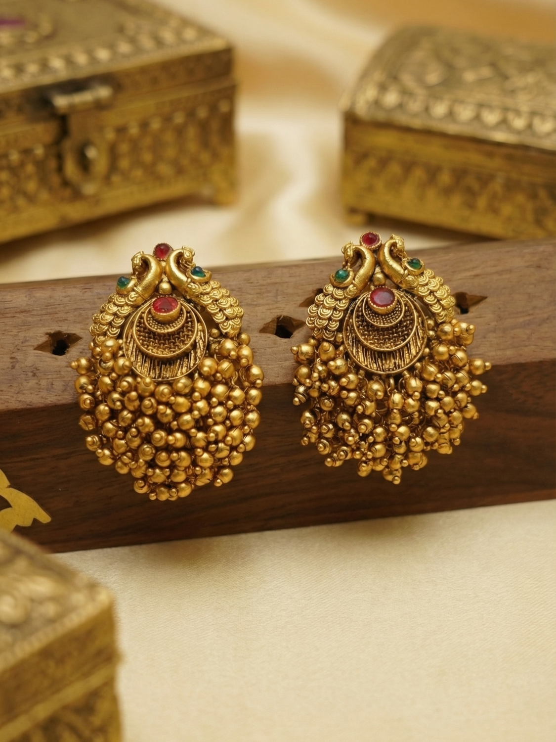 Gold Peacock  Earrings with Gold Bead Cluster Drop