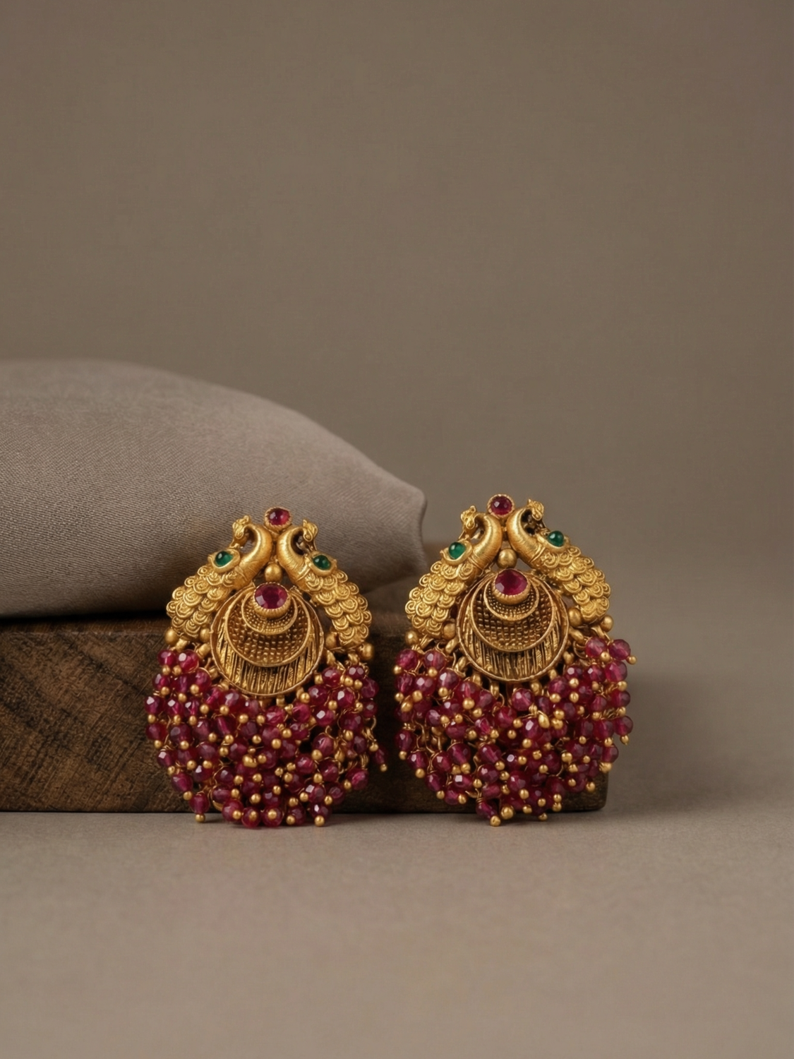 Peacock Temple Earrings with Ruby Bead Cluster