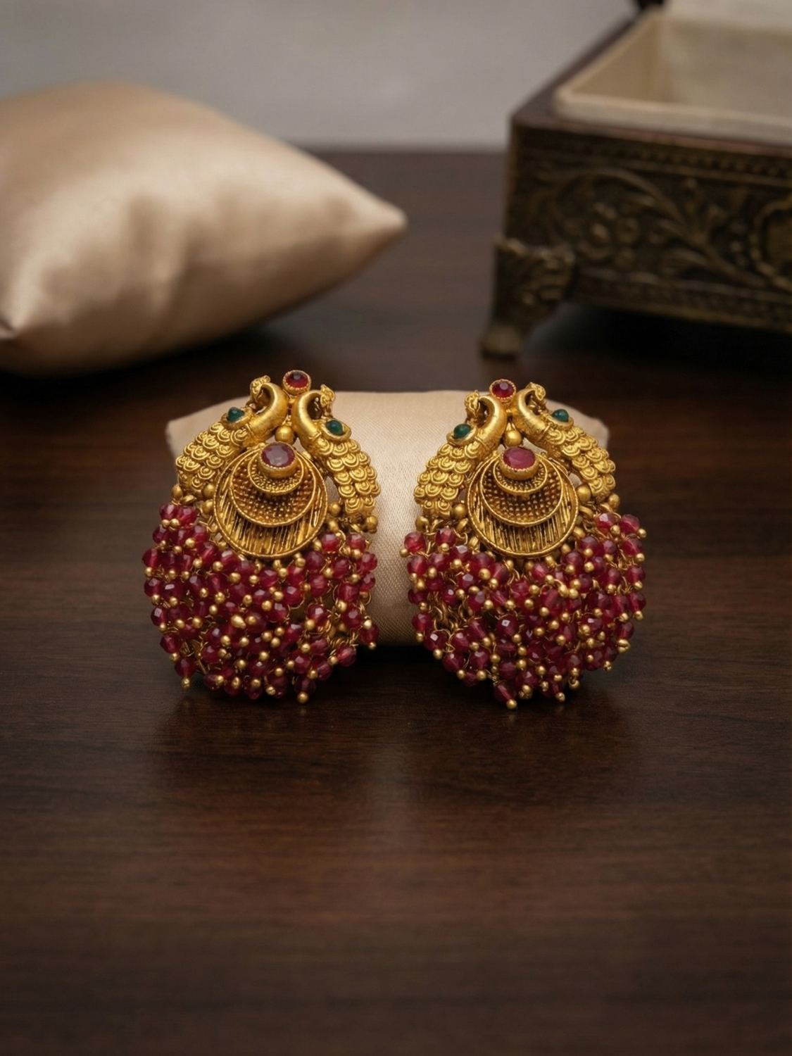 Peacock Temple Earrings with Ruby Bead Cluster