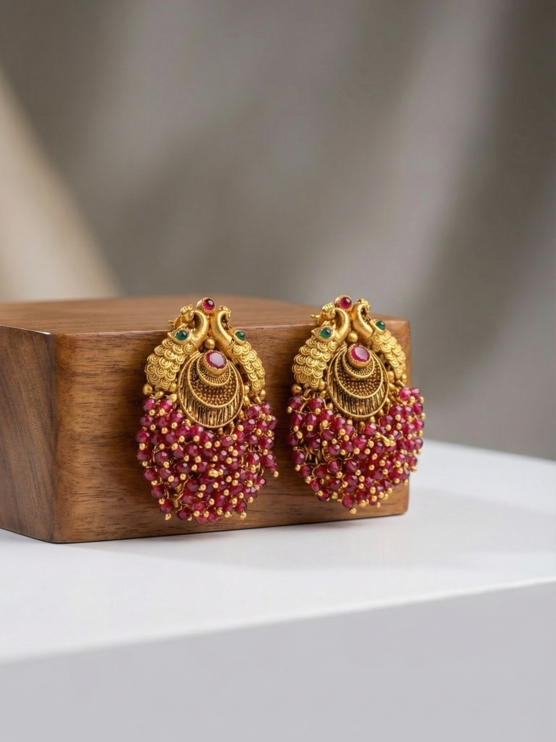 Peacock Temple Earrings with Ruby Bead Cluster