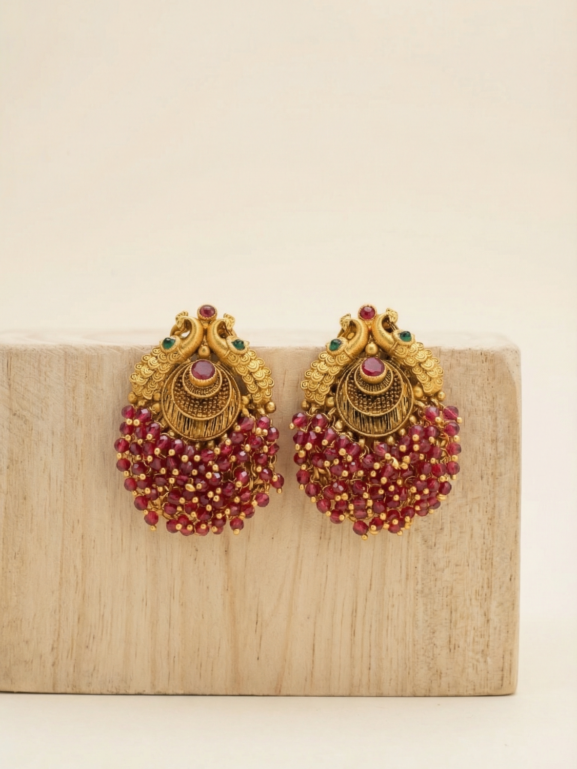 Peacock Temple Earrings with Ruby Bead Cluster