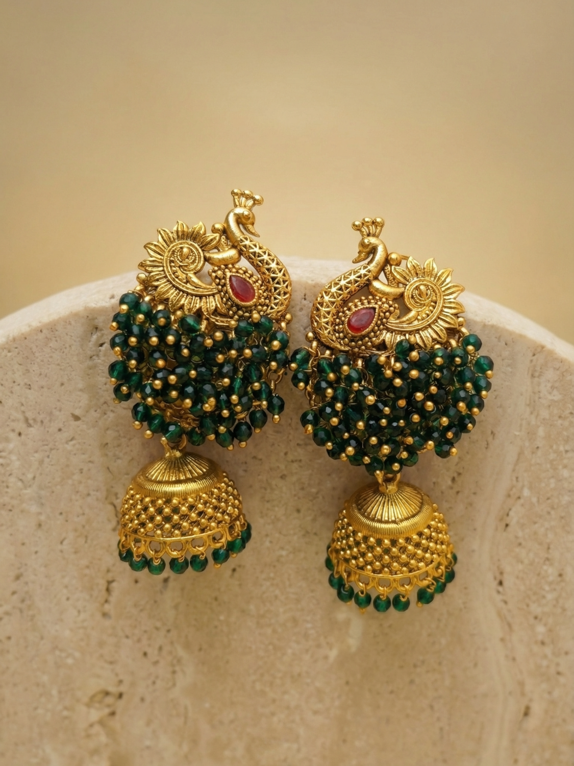 Mayura Temple Jhumka Earrings with Green Bead Cluster