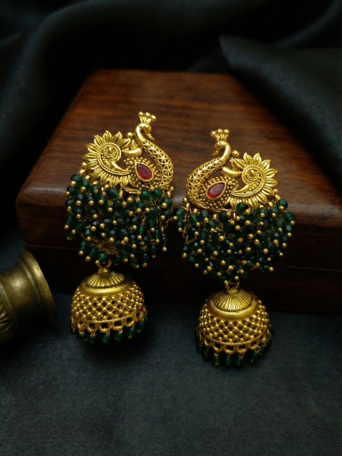 Mayura Temple Jhumka Earrings with Green Bead Cluster