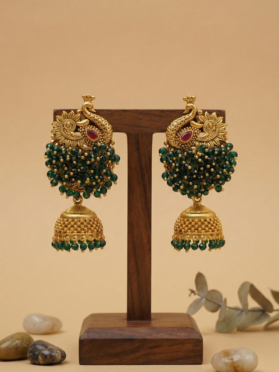 Mayura Temple Jhumka Earrings with Green Bead Cluster
