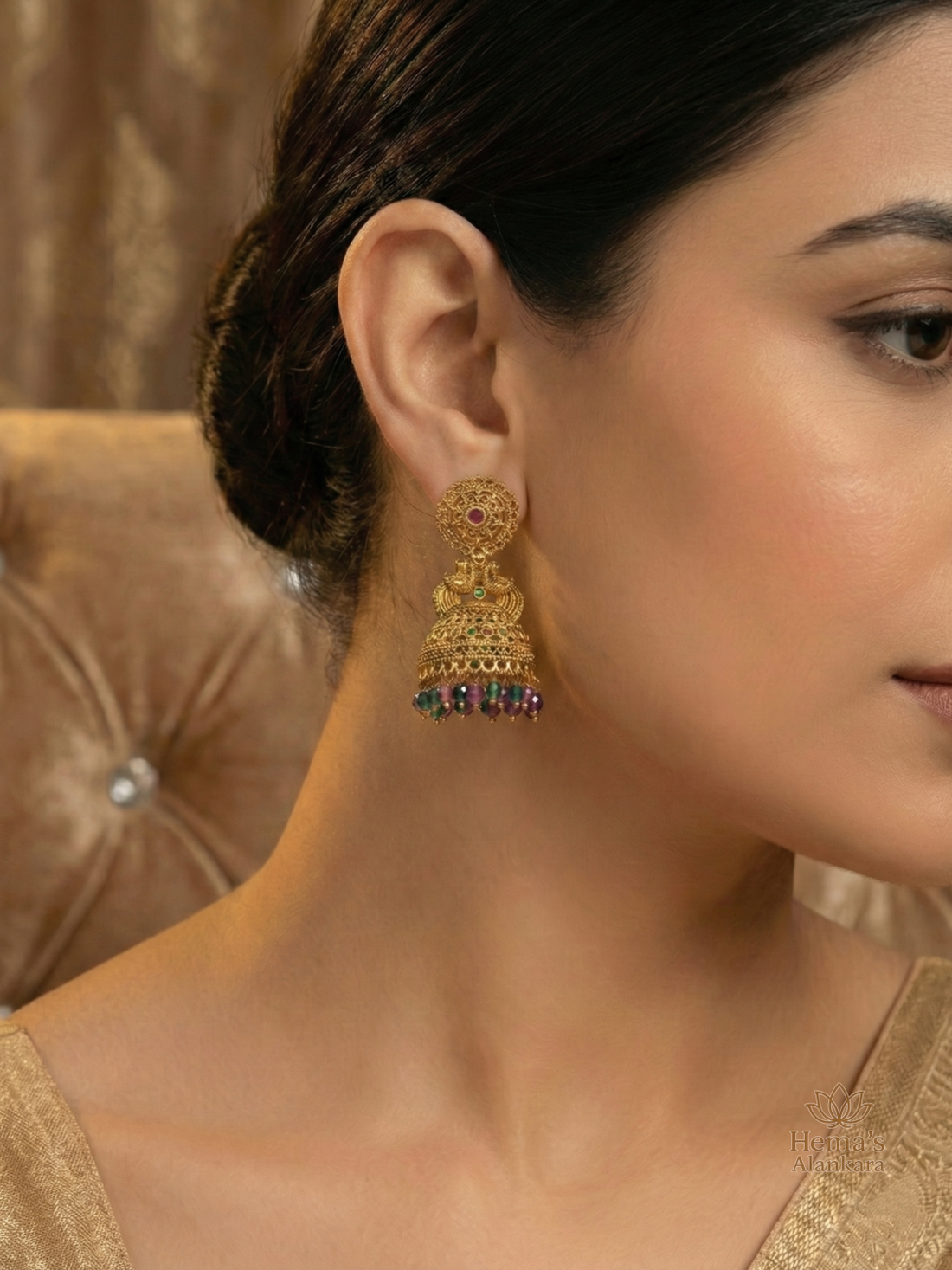 Antique Peacock Jhumakas with Pink and Green Beads