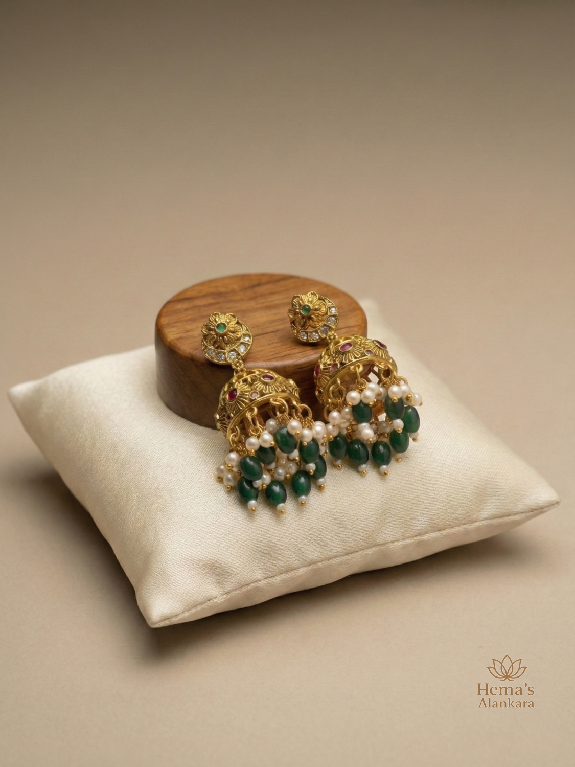 Emerald Pearl Temple Jhumkas