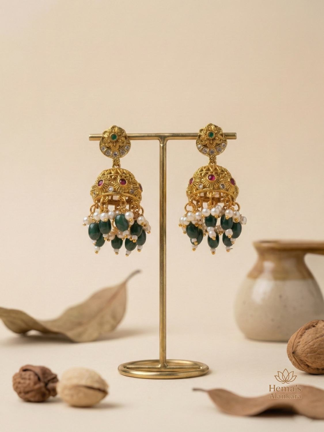 Emerald Pearl Temple Jhumkas