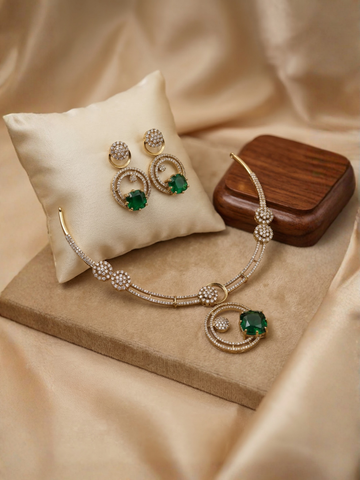 Green Stone CZ Spiral Pendant Necklace Set with Earrings
